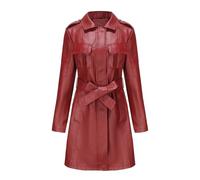 QLXYYFC Comfortable Soft Warm Women's Leather Jacket Classic Long Windbreaker Autumn Winter Coat with Loose Belt Zipper Cuffs (Color : Red, Size : 3XL)
