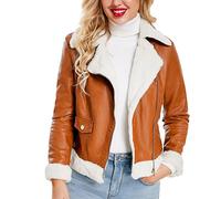 QLXYYFC Faux Leather Jacket for Women - Ladies Bomber Aviator Moto Biker Pilot PU Flying Teddy Sherpa Fur Trim Soft Furry Collar Lined Smart Casual Warm Coats (Color : Brown, Size : M)