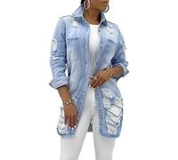 QLXYYFC Womens Classic Long Jean Jacket Plus Size Loose Long Sleeve Button Down Denim Jacket Trench Coat (Color : Blue1, Size : XXL)
