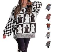 QLXYYFC Women's Crewneck Long Sleeve Sweaters for Spring, Fall, Winter Women's Color Block Checkered Sweater Loose Knit Pullover Tops(White,XL)