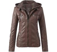 QLXYYFC Women's Hooded Faux Leather Jackets Autumn Winter Motorcycle Jacket Casual Fitted Transition Jacket Windproof Warm Biker Jacket with Zip(Brown,L)