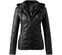 QLXYYFC Women's Hooded Faux Leather Jackets Autumn Winter Motorcycle Jacket Casual Fitted Transition Jacket Windproof Warm Biker Jacket with Zip(Black,S)
