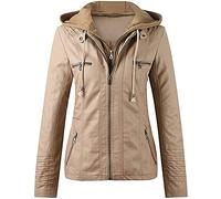 QLXYYFC Women's Hooded Faux Leather Jackets Autumn Winter Motorcycle Jacket Casual Fitted Transition Jacket Windproof Warm Biker Jacket with Zip(Khaki,M)