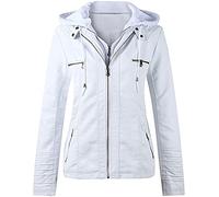 QLXYYFC Women's Hooded Faux Leather Jackets Autumn Winter Motorcycle Jacket Casual Fitted Transition Jacket Windproof Warm Biker Jacket with Zip(White,7XL)