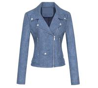 QLXYYFC Women's Leather Jacket, Biker Jacket, Transitional Jacket, Leather Women's Jacket - Lapels with Buckle (Color : Blue, Size : S)