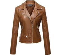 QLXYYFC Women's Leather Jacket, Biker Jacket, Transitional Jacket, Leather Women's Jacket - Lapels with Buckle (Color : Brown1, Size : S)