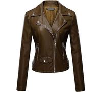QLXYYFC Women's Leather Jacket, Biker Jacket, Transitional Jacket, Leather Women's Jacket - Lapels with Buckle (Color : Coffee, Size : XXL)
