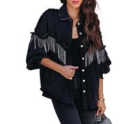 QLXYYFC Women's Oversized Black Denim Jacket, Spring Summer Women's Short Denim Jacket, Fringed Fringed Long Sleeve Denim Jacket, Distressed Jacket (Color : Black, Size : L)