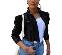 QLXYYFC Women's Ripped Puff Sleeve Denim Crop Top Long-Sleeve Cropped Jean Jacket (Color : Black, Size : M)