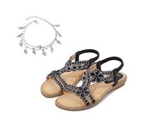 QLXYYFC Women's Sandals Women's Bohemian Rhinestone Sandals Flat Sandals Women's Summer with Soft Footbed (Color : Black, Size : 6.5UK)