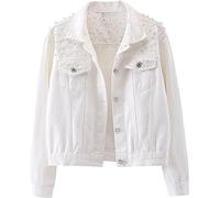 QLXYYFC Women's Solid Color Embroidered Pearls Short Denim Jacket Lapel Collar Outerwear With Pocket Personalized Denim Jacket Ladies Pearl Rivets Casual Vintage Cowboy Top (Color : White, Size : M