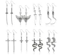 QLYOVWE 8 Pairs Gothic Knife Earrings for Women Halloween Jewelry | Medieval Jewelry, Vampire Skull Axe Earrings, Sword & Weapon Charms, Dangle Drop Style, Unisex Design, Antique Silver Tone