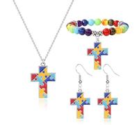 QLYOVWE Autism Awareness Puzzle Pieces Jewelry Set Colorful Puzzle Elastic Bracelet Autism Awareness Ribbon Necklace Earrings Gifts for Mom/Teacher, Standard, Metal, No Gemstone