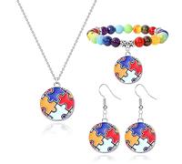 QLYOVWE Autism Awareness Puzzle Pieces Jewelry Set Colorful Puzzle Elastic Bracelet Autism Awareness Ribbon Necklace Earrings Gifts for Mom/Teacher, Standard, Metal, No Gemstone