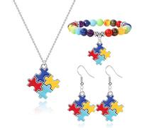 QLYOVWE Autism Awareness Puzzle Pieces Jewelry Set Colorful Puzzle Elastic Bracelet Autism Awareness Ribbon Necklace Earrings Gifts for Mom/Teacher, Standard, Metal, No Gemstone
