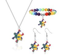 QLYOVWE Autism Awareness Puzzle Pieces Jewelry Set Colorful Puzzle Elastic Bracelet Autism Awareness Ribbon Necklace Earrings Gifts for Mom/Teacher, Standard, Metal, No Gemstone