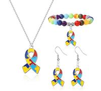 QLYOVWE Autism Awareness Puzzle Pieces Jewelry Set Colorful Puzzle Elastic Bracelet Autism Awareness Ribbon Necklace Earrings Gifts for Mom/Teacher, Standard, Metal, No Gemstone