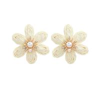 QLYOVWE Boho Raffia Flower Earrings for Women Chic Unique Floral Flower Earrings Handmade Raffia Straw Wrapped Flower Earrings for Summer Tropical Beach Jewelry, Raffia, Pearl