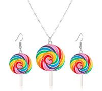 QLYOVWE Cute Rainbow Lollipop Earrings Necklace Set for Women Handmade Sweet Clay Candy Drop Earrings Funny Color Simulation Food Necklace Fashion Christmas Party Jewelry Gifts, Standard, Metal, No