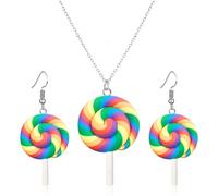 QLYOVWE Cute Rainbow Lollipop Earrings Necklace Set for Women Handmade Sweet Clay Candy Drop Earrings Funny Color Simulation Food Necklace Fashion Christmas Party Jewelry Gifts, Standard, Metal, No