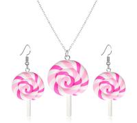 QLYOVWE Cute Rainbow Lollipop Earrings Necklace Set for Women Handmade Sweet Clay Candy Drop Earrings Funny Color Simulation Food Necklace Fashion Christmas Party Jewelry Gifts, Standard, Metal, No