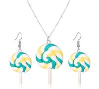 QLYOVWE Cute Rainbow Lollipop Earrings Necklace Set for Women Handmade Sweet Clay Candy Drop Earrings Funny Color Simulation Food Necklace Fashion Christmas Party Jewelry Gifts, Standard, Metal, No