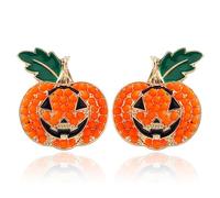QLYOVWE Halloween Pumpkin Earrings for Women Unique Sparkly Crystal Gold-Tone with Green Leaves Stud Earrings Colorful Happy Lantern Vegetable Earrings Thanksgiving Jewelry Gift, M, Metal, Cubic