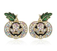 QLYOVWE Halloween Pumpkin Earrings for Women Unique Sparkly Crystal Gold-Tone with Green Leaves Stud Earrings Colorful Happy Lantern Vegetable Earrings Thanksgiving Jewelry Gift, M, Metal, Cubic