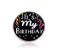 QLYOVWE It's My Birthday Enamel Brooch Pin for Men Women Round Metal Badge with Stars and Confetti Pin Badge Costume Accessories Gift for Wedding Party Birthday, Standard, Metal, no gemstone