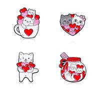 QLYOVWE Kawaii Animal Friends Valentine Collection Pin Set for Women 4-Piece Heart Enamel Pin Cute Pink Cat Brooch Clothing Hats Scarft Accessories Badge Christmas Gifts, Standard, Metal, no gemstone