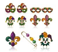 QLYOVWE Mardi Gras Glitter Jewelry Set, 7 Piece Carnival Costume Accessories with Fleur De Lis Brooch, Mask Earrings, Crown Studs, Jester Pin, Purple Green Gold Carnival Parade Party Decoration