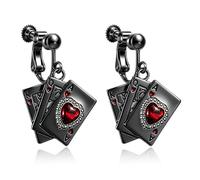 QLYOVWE Playing Card Poker Clip-on Earrings for Women Halloween Jewelry | No Piercing Needed, Red Crystal Heart, Multiple Color Options, Card Charm Design,Halloween Gambling Casino Gift
