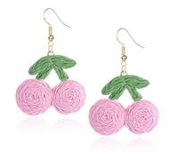 QLYOVWE Raffia Sweety Cherry Earrings for Women Handmade Rattan Dangle Earring Light Weight Fruits Earrings Summer Tropical Beach Vacation Jewelry, M, Raffia, No Gemstone