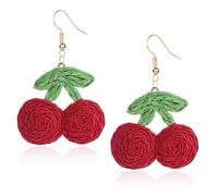 QLYOVWE Raffia Sweety Cherry Earrings for Women Handmade Rattan Dangle Earring Light Weight Fruits Earrings Summer Tropical Beach Vacation Jewelry, M, Raffia, No Gemstone
