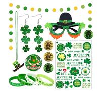 QLYOVWE St. Patrick's Day Jewelry Set, Green Shamrock Accessories with Beads Necklaces, Clover Glasses, Temporary Tattoos, Bracelets,Gold Coin, Irish Party Decorations Kit, Standard, Metal, No