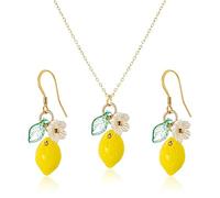 QLYOVWE Strawberry Lemon Jewelry Set for Women Handmade Cute Lifelike Simulated 3D Fruits Pendant Necklace Green Leaf White Flower Earrings Summer Beach Vacation Sweet Jewelry Gifts, Standard, Metal