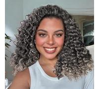 Qmaple Half Wig None Lace Front Curly Wave Half Wig Wear and Go Glueless Wigs Black Mix Gray to White Curly Headband Wigs for Black Women (1B/Grey 14 Inch)