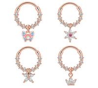 Qmcandy 4pcs Stainless Steel 16G Septum Clicker Hinged Segment Ring with Dangle Sun Star Snake Butterfly Charm, Metal, cubic-zirconia