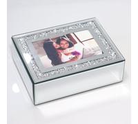 QMDECOR Crushed Diamond Mirrored Jewelry Box With Photograph 4x6inch On Top, Silver Glass Bling Jewelry Organizer Photo Picture Frame Storage Box For Gift