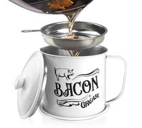 QMET 1.3L Bacon Grease Saver Container with Fine Mesh Strainer,Stainless Steel Oil Keeper Can for Bacon,46oz Large Rustic Farmhouse Fat Container, Keeper, Recipes, Dishwasher Safe (White)