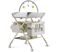 QMHHRJT Foldable Portable Changing Table for Baby,Upgraded Style Baby Portable Diaper Changing Station with Wheels,Nursery Five Level Adjustable Height Changing Table with Organizer Storage(Grey)
