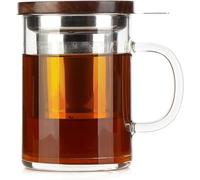 Qmibaby 400ml Glass Tea Cup with Infuser Walnut Lid&Handle, Thickened Heat-Resistant, Borosilicate Glass Mug Stainless Steel Fine-Mesh Filter for Loose Leaf/Blooming Tea, Stovetop & Dishwasher Safe