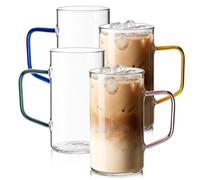 Qmibaby 500ML Glass Coffee Mugs Set of 4, 17 oz Large Clear Coffee Cups with Colorful Handles, Hand Blown & Seamless Design, Heat Resistant and Explosion-Proof, Lightweight Tea Mugs for Home,Cafe