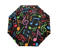 QMIN Auto Folding Umbrella Colorful Music Notes Pattern Windproof Anti-UV Protection Travel Compact Rain Umbrella for Women Ladies Men Girls