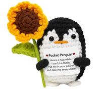 QminTouyzs Positive Penguin Pocket Hug Gift, Emotional Support Plush for Comfort and Encouragement, Mini Crochet Doll with Sunflower for Office Decor and Travel Companion, 8 cm Knitted Penguin Plush