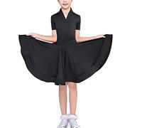 QMIQMI Girl Short Sleeves Standard Latin Dance Dress Children Ballroom Dance Big Swing Skirt for Salsa Rumba Cha Cha Samba Tango Top Professional Dance Costume,Black,8 Years