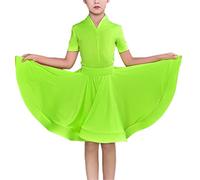 QMIQMI Girl Short Sleeves Standard Latin Dance Dress Children Ballroom Dance Big Swing Skirt for Salsa Rumba Cha Cha Samba Tango Top Professional Dance Costume,Green,6 Years