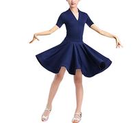 QMIQMI Girl Short Sleeves Standard Latin Dance Dress Children Ballroom Dance Big Swing Skirt for Salsa Rumba Cha Cha Samba Tango Top Professional Dance Costume,Blue 1,6 Years