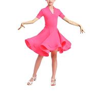 QMIQMI Girl Short Sleeves Standard Latin Dance Dress Children Ballroom Dance Big Swing Skirt for Salsa Rumba Cha Cha Samba Tango Top Professional Dance Costume,Pink,16 Years