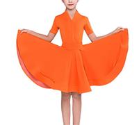 QMIQMI Girl Short Sleeves Standard Latin Dance Dress Children Ballroom Dance Big Swing Skirt for Salsa Rumba Cha Cha Samba Tango Top Professional Dance Costume,Orange,14 Years
